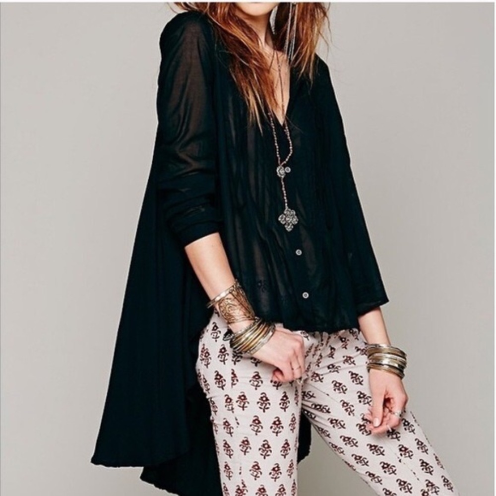 Free People • Sisters of the Moon blouse sheer black batiste high low pintuck